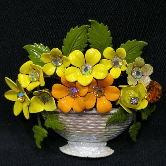 Vintage Enamel Flower Basket Brooch, Rhinestone Centers, 1960s, 2 1/2 Inches - Picture 1 of 10